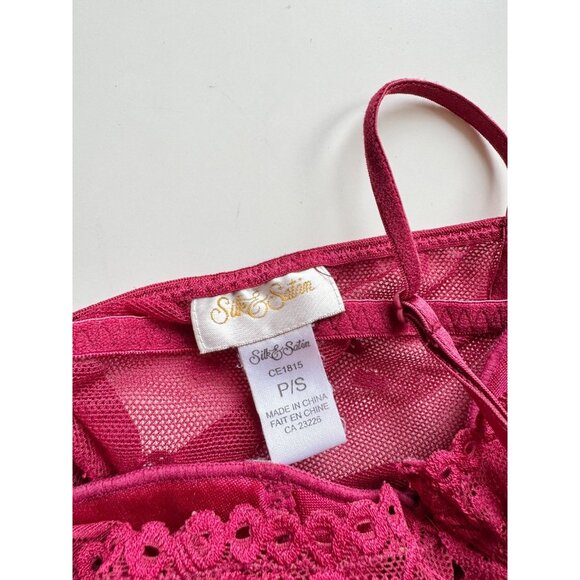 Vintage SILK & SATIN Maroon Red Mesh Lace Babydoll Negligee Slip Dress, Size S - Picture 11 of 13
